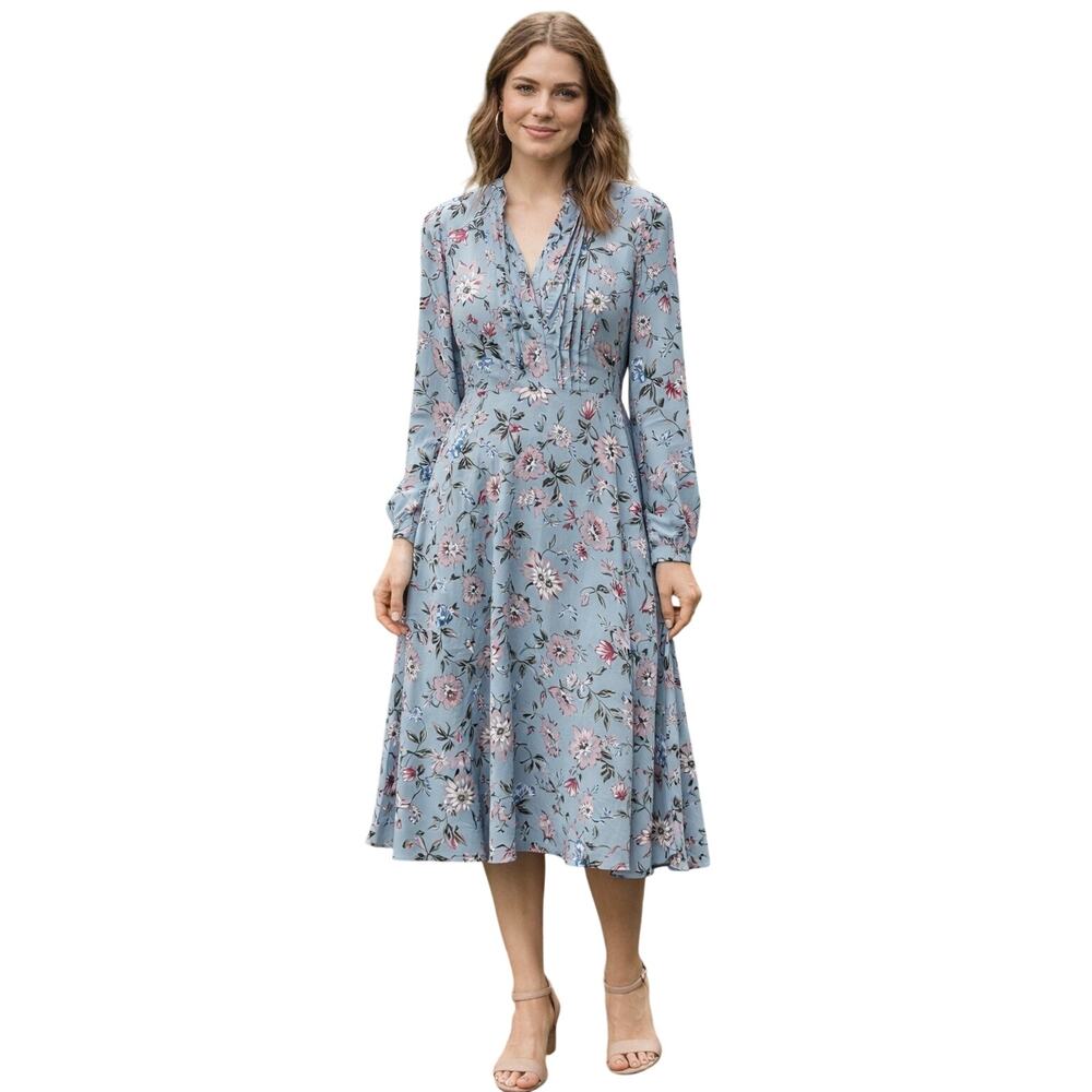 Nanette Lepore Floral Midi Dress Size 10 Blue Long Sleeve Romantic Cottagecore